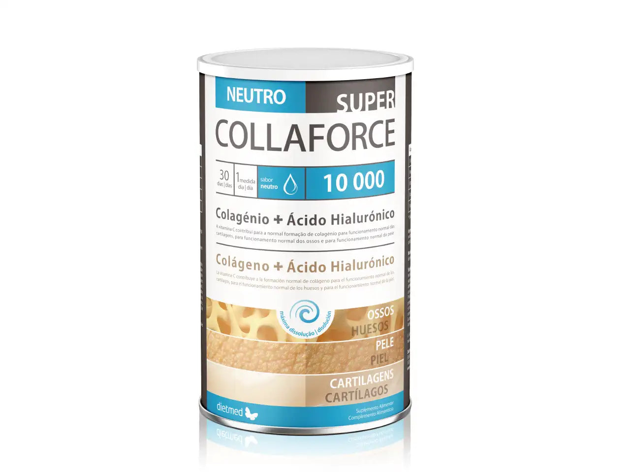 Collaforce Super Neutro Dietmed 360 g com colagénio hidrolisado, magnésio, vitamina C, vitamina D e ácido hialurónico para cartilagens, ossos e pele, sem sabor.