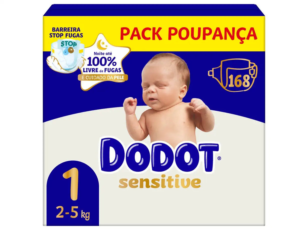 Embalagem de fraldas Dodot Sensitive T1, 2-5 kg, com 168 fraldas