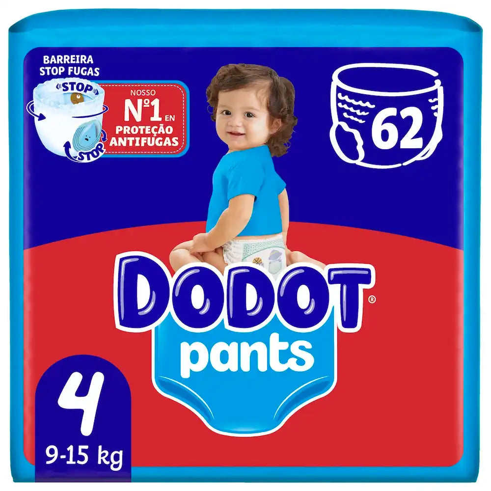 Embalagem de fraldas-cueca Dodot Pants T4, 9-15 kg, com 62 unidades