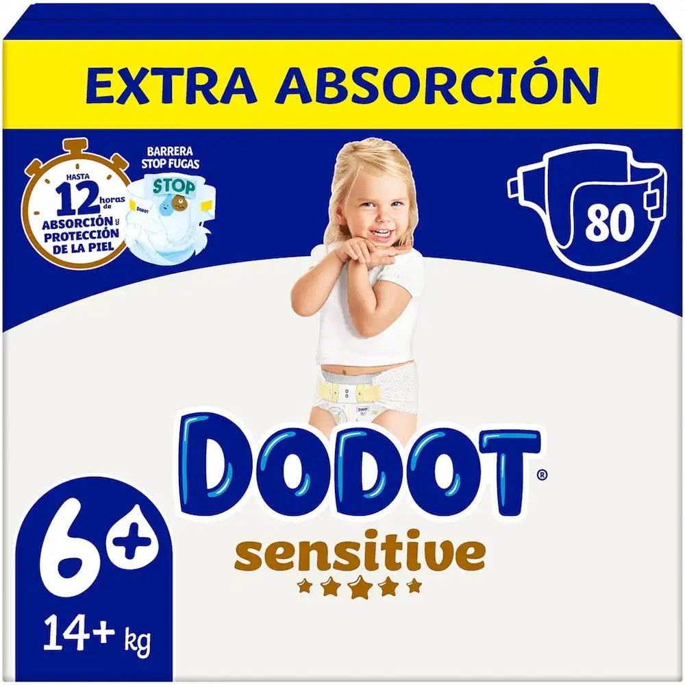 Embalagem de fraldas Dodot Sensitive T6+, a partir de 14 kg, com 80 fraldas