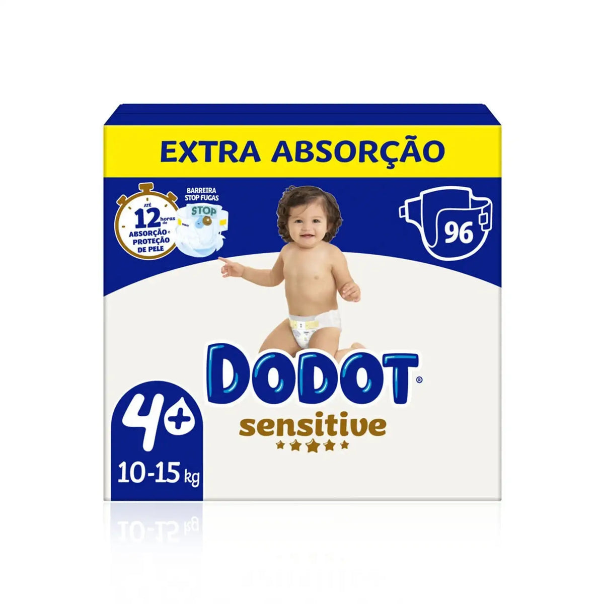 Embalagem de fraldas Dodot Sensitive T4+, 10-15 kg, com 96 fraldas