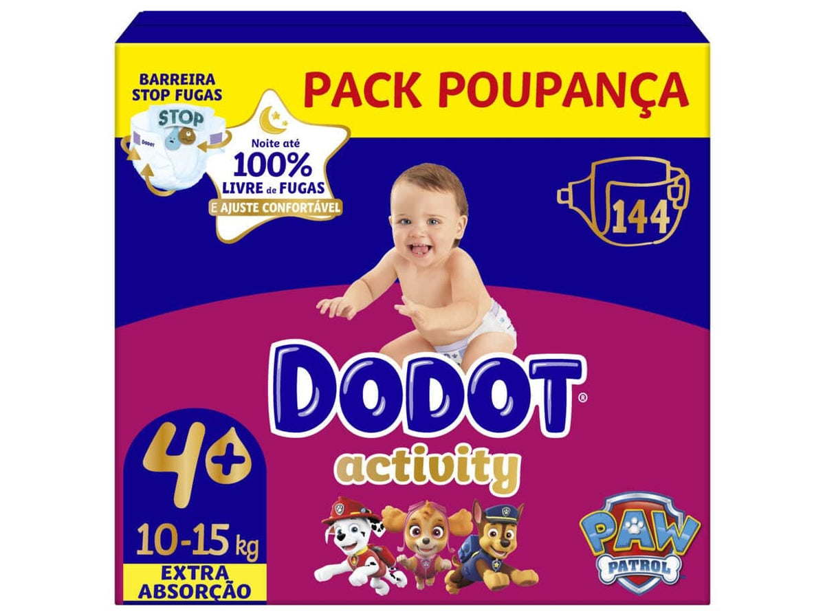 Embalagem de fraldas Dodot Activity T4+, 10–15 kg, com 144 fraldas