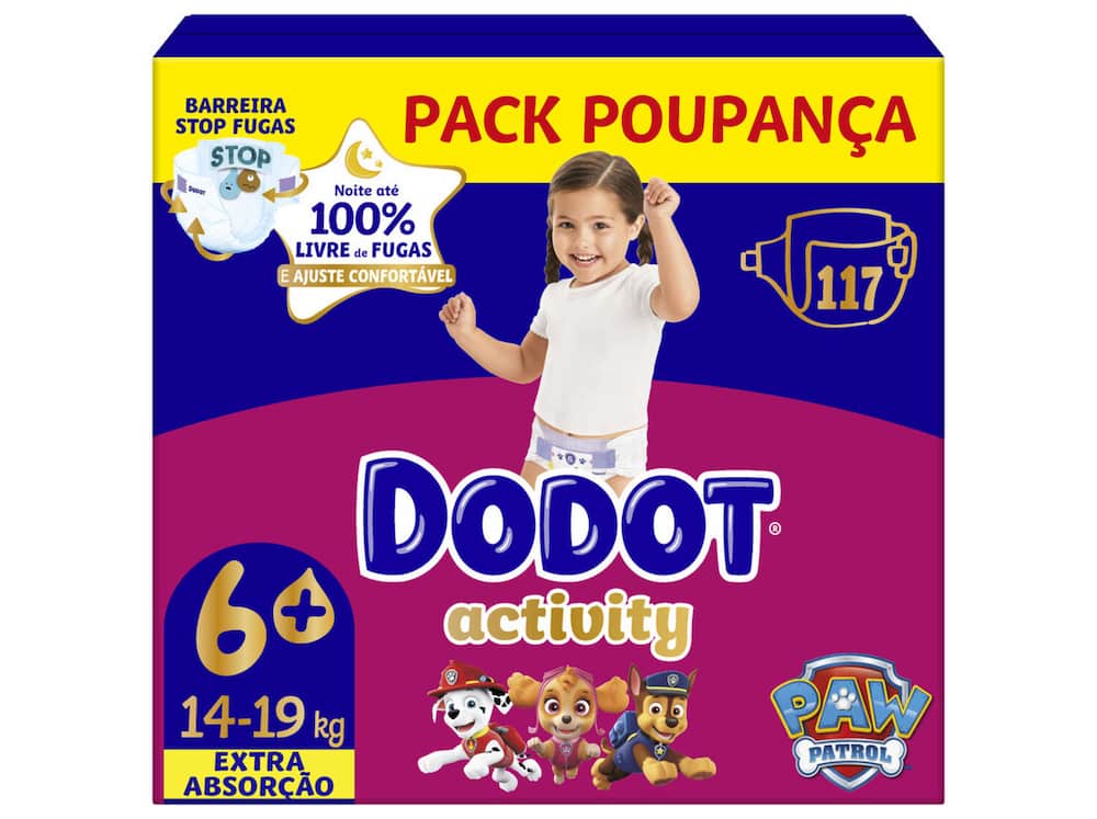 Embalagem de fraldas Dodot Activity T6+, a partir de 14 kg, com 117 fraldas