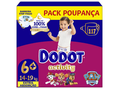 Embalagem de fraldas Dodot Activity T6+, a partir de 14 kg, com 117 fraldas