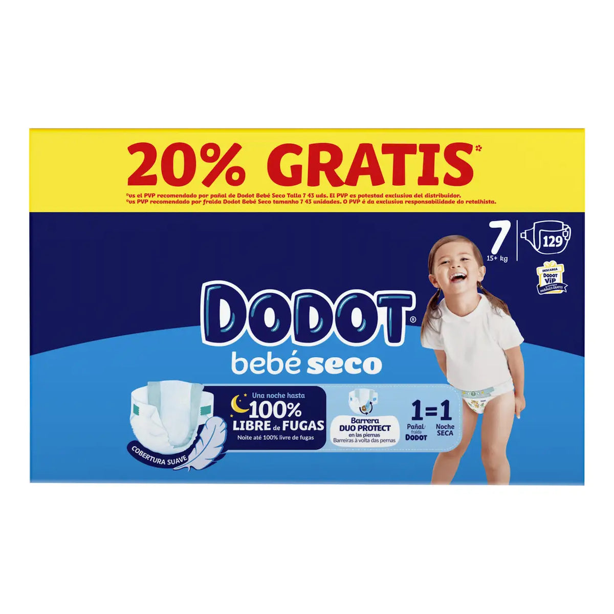 Embalagem de fraldas Dodot Bebé Seco T7, 15+ kg, com 129 fraldas