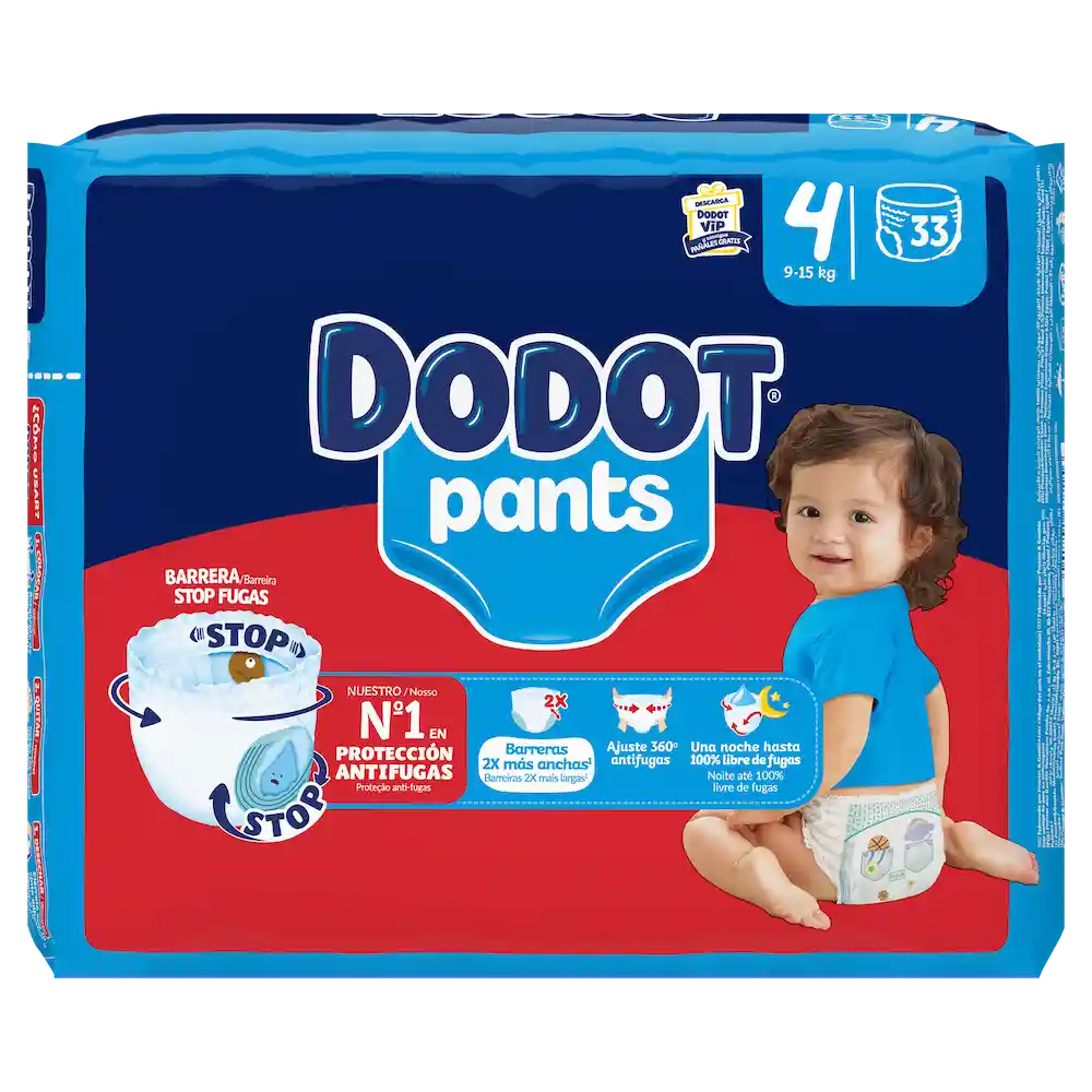 Embalagem de fraldas-cueca Dodot Pants T4, 9-15 kg, com 33 unidades