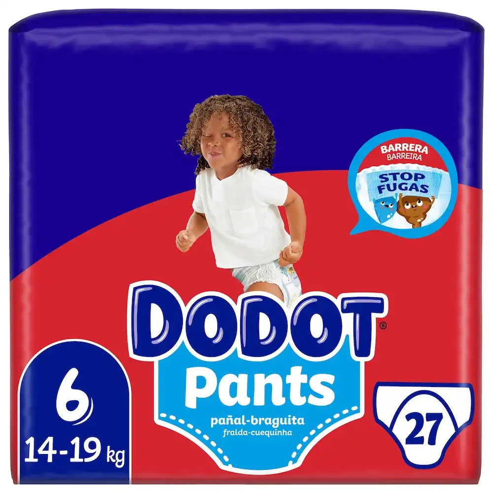 Embalagem de fraldas-cueca Dodot Pants T6, 14-19 kg, com 27 unidades