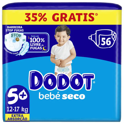 Embalagem de fraldas Dodot Bebé Seco T5+, 12-17 kg, com 56 fraldas