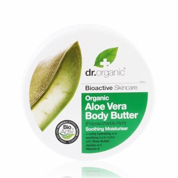Manteiga Corporal Aloé Vera Bio Dr. Organic 200 ml em boião redondo branco com tampa branca e rótulo verde.