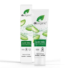 Pasta dentífrica de aloé vera biológico em bisnaga branca e verde de 100 ml, acompanhada por embalagem de cartão branca com imagens de folhas de aloé vera.