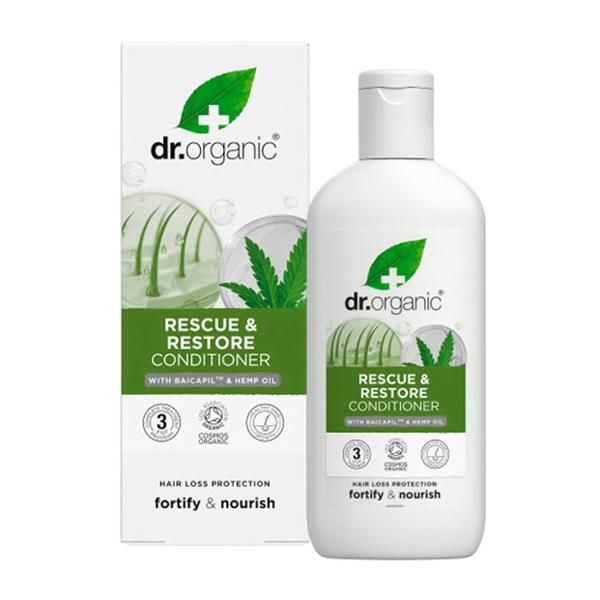 Amaciador Reparador com Óleo de Cânhamo Bio Dr. Organic, frasco branco de 265 ml com tampa prateada e embalagem de cartão com folhas verdes de cânhamo.