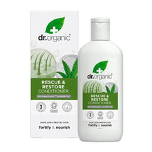 Amaciador Reparador com Óleo de Cânhamo Bio Dr. Organic, frasco branco de 265 ml com tampa prateada e embalagem de cartão com folhas verdes de cânhamo.