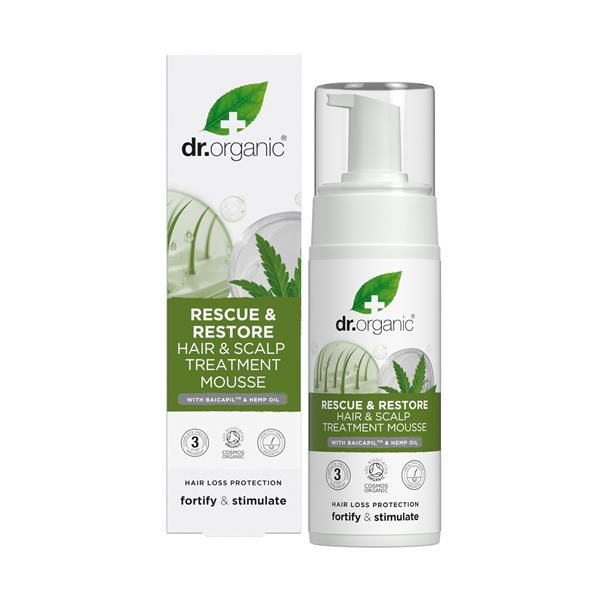 Mousse Reparadora Capilar Óleo de Cânhamo Bio Dr. Organic, com caixa branca e frasco doseador de 150 ml.