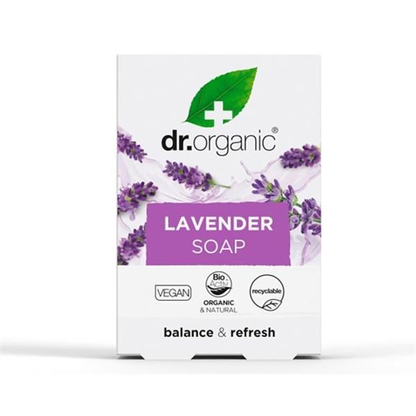 Sabonete Alfazema Bio Dr. Organic 100 g em barra, apresentado em caixa branca com ilustrações de flores de alfazema roxas.