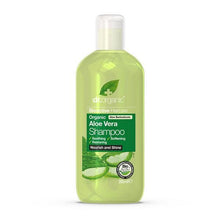 Frasco transparente verde de Champô de Aloé Vera Bio, 265 ml, com tampa transparente e rótulo verde.