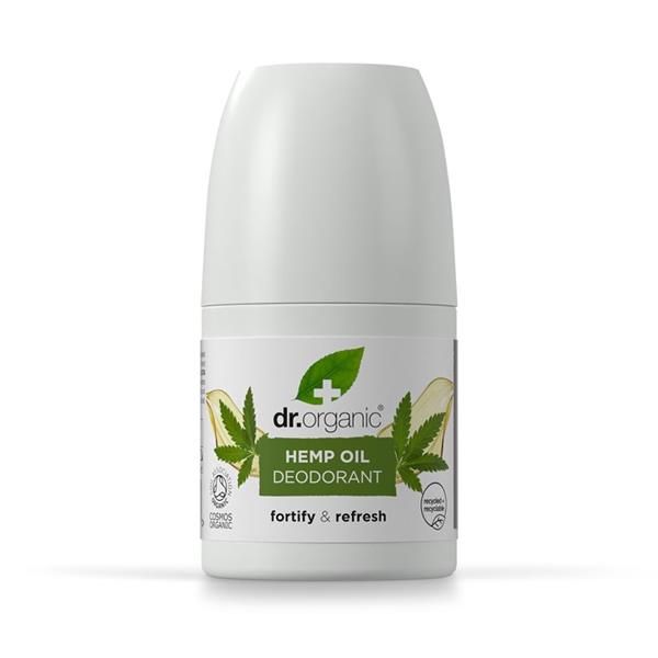 Desodorizante óleo de cânhamo bio de 50 ml, em embalagem roll-on branca com rótulo verde.