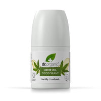 Desodorizante óleo de cânhamo bio de 50 ml, em embalagem roll-on branca com rótulo verde.