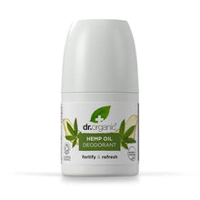 Desodorizante óleo de cânhamo bio de 50 ml, em embalagem roll-on branca com rótulo verde.