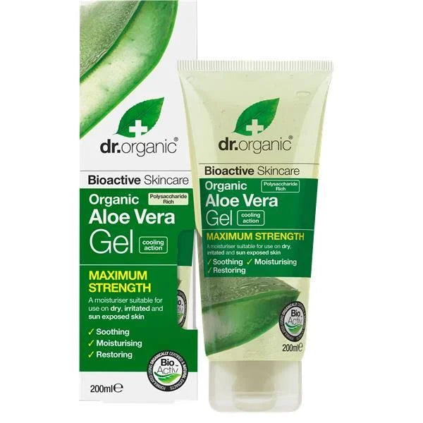 Gel de Aloé Vera Bio Dr. Organic 200 ml em tubo branco e verde com tampa flip-top, apresentado ao lado da respetiva embalagem em cartão branco e verde.