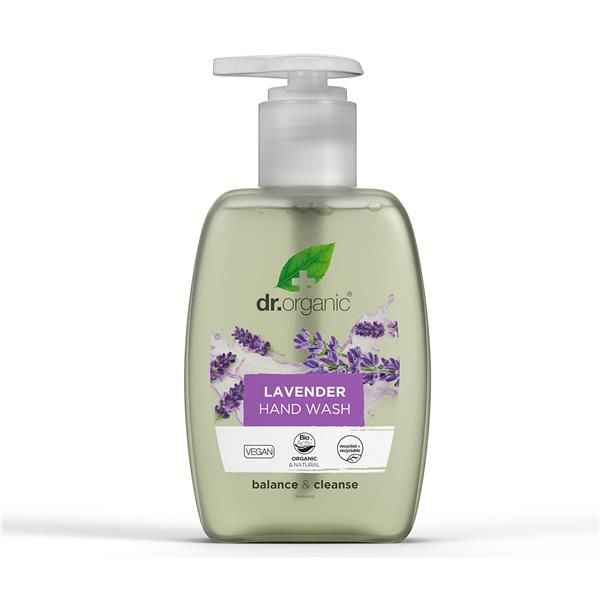 Sabonete líquido de alfazema bio em frasco lilás transparente de 250 ml, com doseador branco e rótulo com flores de alfazema.