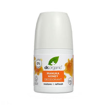 Desodorizante de Mel de Manuka Bio em roll-on de 50 ml, com embalagem branca e cinzenta, rótulo laranja e imagem de mel.