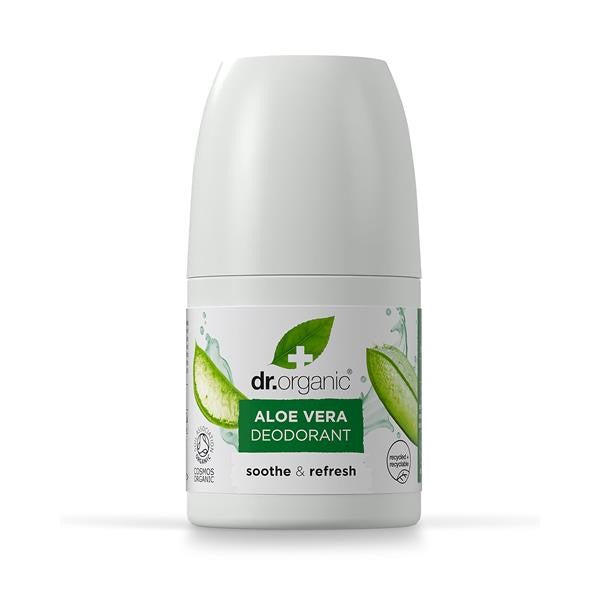 Desodorizante Aloe Vera Bio Dr. Organic em embalagem roll-on branca de 50 ml, com rótulo verde de aloé vera.