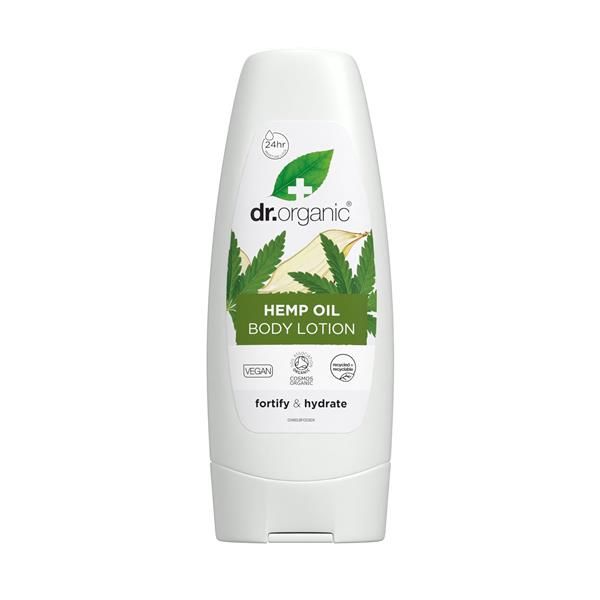 Loção Corporal Óleo de Cânhamo Bio Dr. Organic 200 ml em bisnaga branca com tampa branca, rótulo verde e folhas de cânhamo.