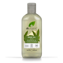 Frasco verde-escuro de Champô e Amaciador 2 em 1 com Óleo de Cânhamo Bio Dr. Organic, 265 ml, com tampa transparente e rótulo frontal.