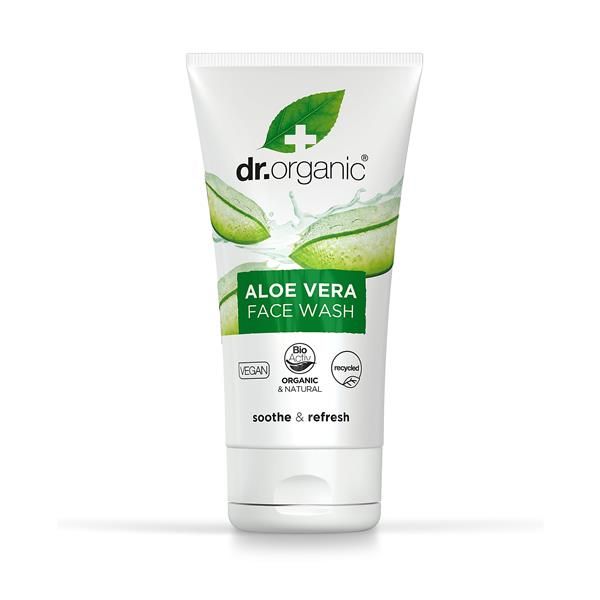 Bisnaga branca e verde de 150 ml de gel de limpeza facial com aloé vera, com imagens de folhas de aloé e tampa transparente.