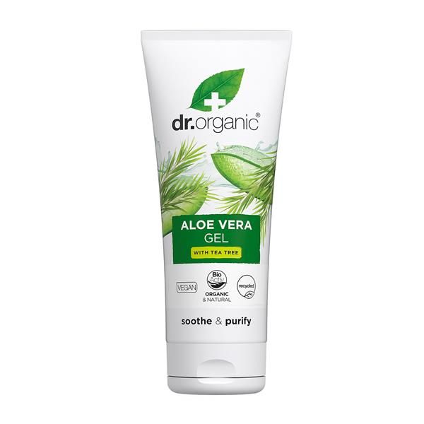 Gel de Aloé Vera com Melaleuca e Arnica Bio Dr. Organic, bisnaga verde de 200 ml apresentada ao lado da respetiva caixa.