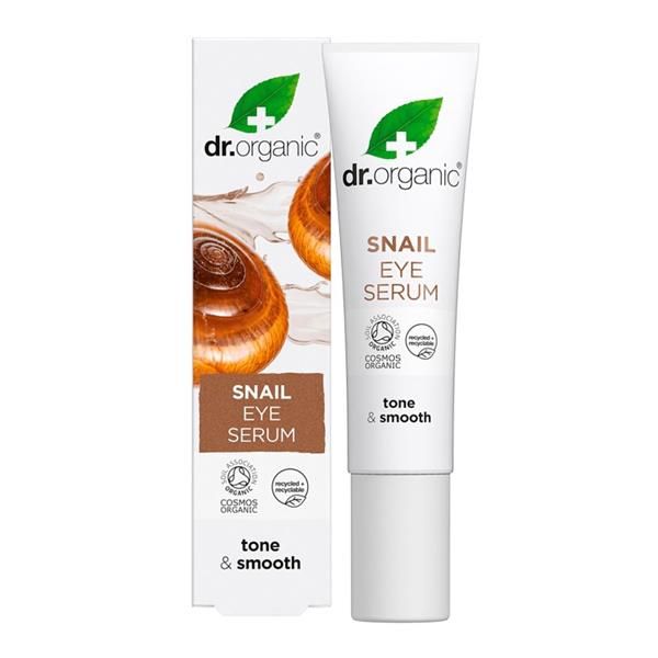 Sérum de olhos de baba de caracol bio 15 ml em tubo branco, com caixa branca e castanha.