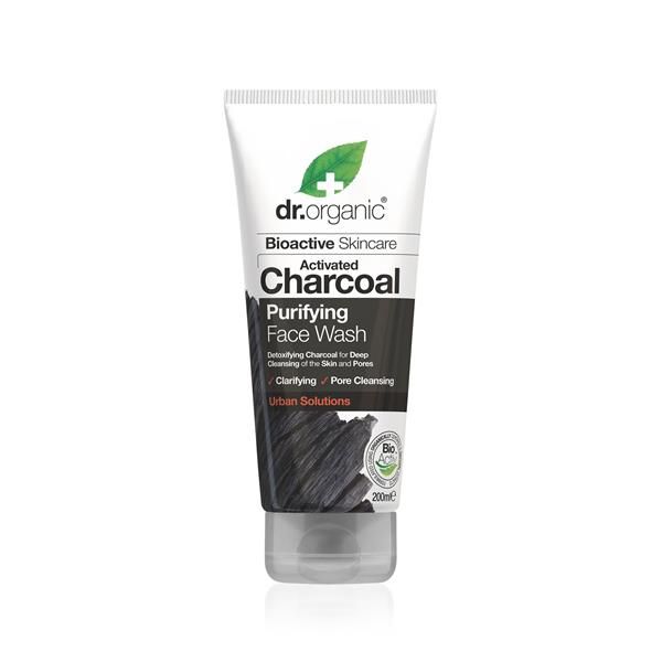 Gel de Limpeza Facial Purificante Carvão Vegetal Ativado Bio Dr. Organic, 200 ml, em bisnaga preta invertida com tampa cinzenta e grafismo de carvão.