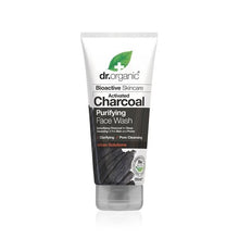 Gel de Limpeza Facial Purificante Carvão Vegetal Ativado Bio Dr. Organic, 200 ml, em bisnaga preta invertida com tampa cinzenta e grafismo de carvão.
