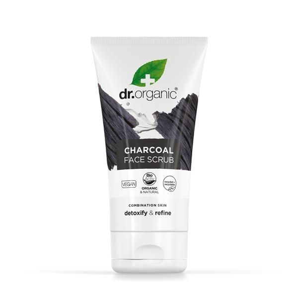 Esfoliante Facial Carvão Vegetal Ativado Bio Dr. Organic, embalagem em tubo branco de 125 ml com tampa cinzenta.