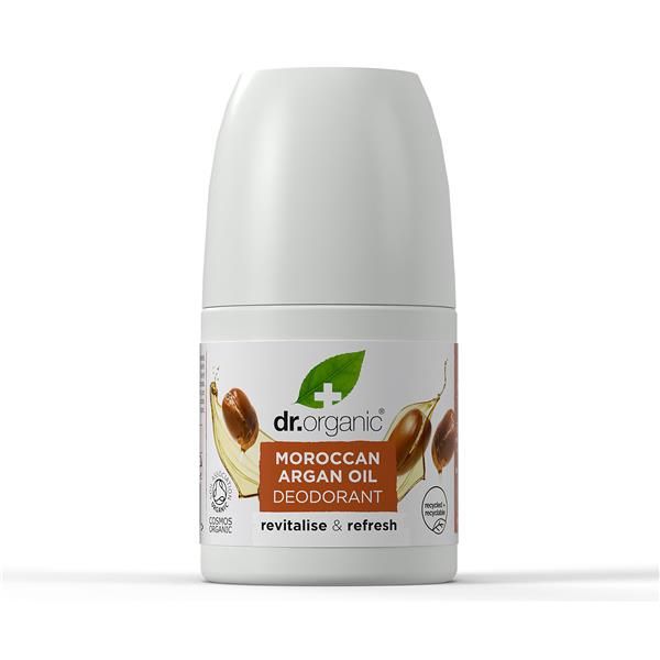 Desodorizante Óleo de Argão Bio Dr. Organic, frasco roll-on branco de 50 ml com rótulo laranja e imagem de argão.