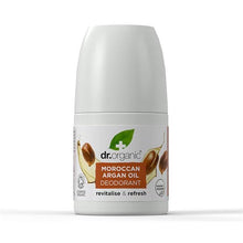 Desodorizante Óleo de Argão Bio Dr. Organic, frasco roll-on branco de 50 ml com rótulo laranja e imagem de argão.