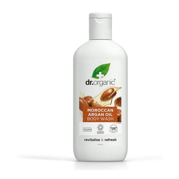 Frasco transparente âmbar de 250 ml de Gel Duche Óleo de Argão Bio, com tampa transparente e rótulo laranja Dr. Organic.