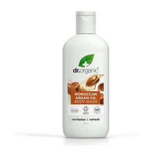Frasco transparente âmbar de 250 ml de Gel Duche Óleo de Argão Bio, com tampa transparente e rótulo laranja Dr. Organic.