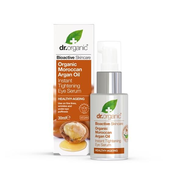 Sérum refirmante para contorno dos olhos com óleo de argão bio Dr. Organic, em frasco com doseador de 30 ml e caixa branca e laranja.