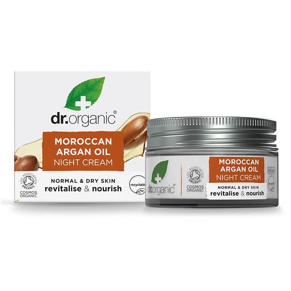 Creme de Noite Óleo de Argão Bio Dr. Organic 50 ml, apresentado em boião aberto com tampa branca e embalagem de cartão.