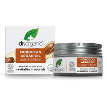 Creme de Noite Óleo de Argão Bio Dr. Organic 50 ml, apresentado em boião aberto com tampa branca e embalagem de cartão.