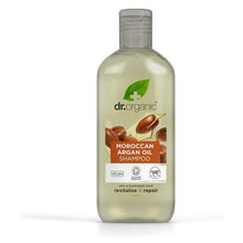 Frasco cilíndrico transparente âmbar de Champô Óleo de Argão Bio Dr. Organic, com tampa branca e rótulo laranja.