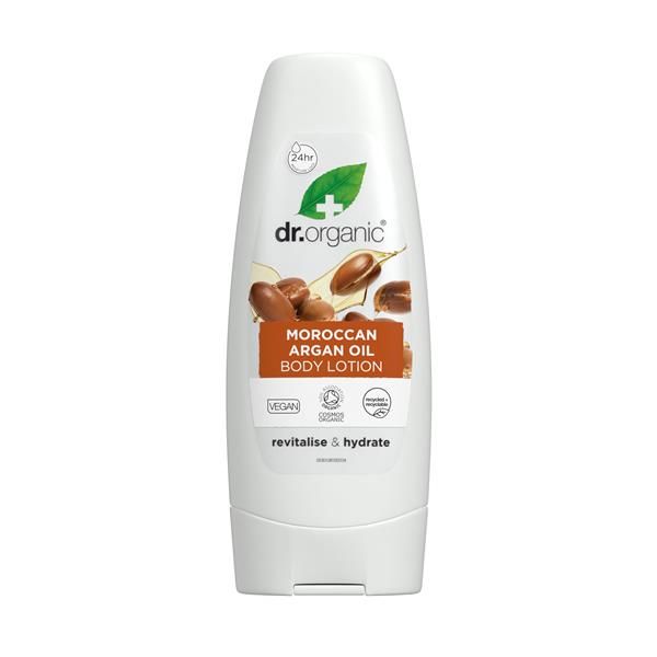 Loção corporal Dr. Organic Moroccan Argan Oil Skin Lotion de 200 ml, em embalagem branca de bisnaga com rótulo laranja e tampa de encaixe branca.