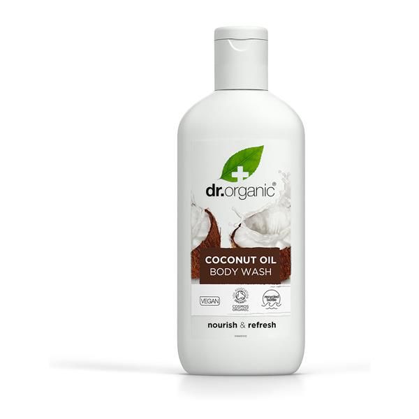 Frasco transparente de gel de duche Dr. Organic com óleo de coco virgem biológico, 250 ml, com tampa translúcida e rótulo castanho.