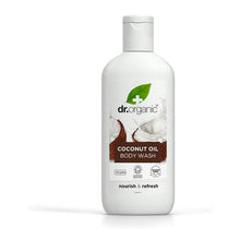 Frasco transparente de gel de duche Dr. Organic com óleo de coco virgem biológico, 250 ml, com tampa translúcida e rótulo castanho.
