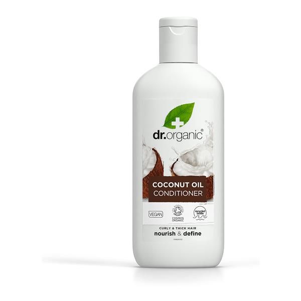 Frasco branco opaco de 265 ml de amaciador de óleo de coco virgem bio, com tampa branca e rótulo castanho, verde e branco.