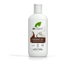 Frasco branco opaco de 265 ml de amaciador de óleo de coco virgem bio, com tampa branca e rótulo castanho, verde e branco.