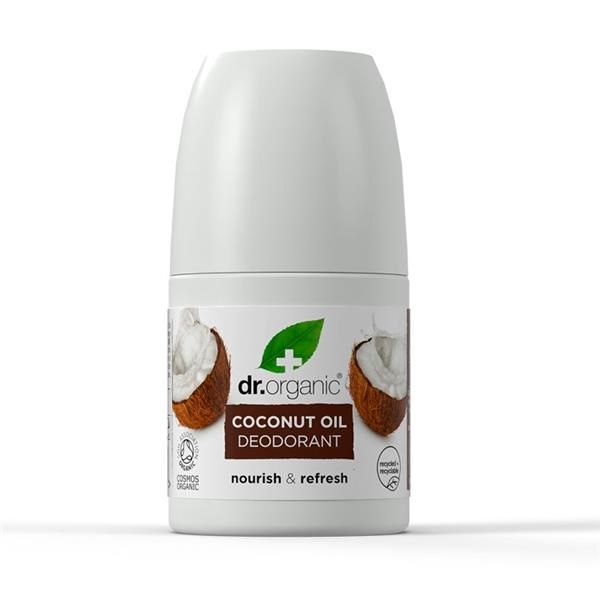 Desodorizante Dr. Organic Coconut Oil em roll-on de 50 ml, embalagem branca com rótulo castanho, imagem de cocos e tampa branca.