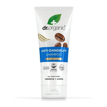 Champô Anti-Caspa Café Biológico Dr. Organic, embalagem em tubo branco de 200 ml com tampa castanha e rótulo verde.