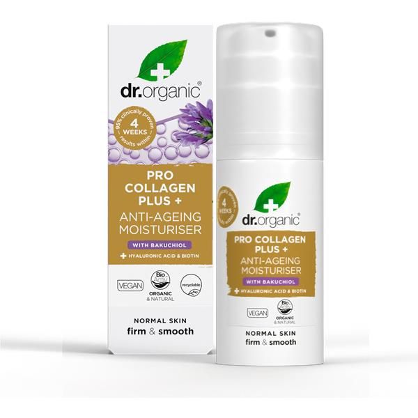 Creme Antienvelhecimento Bakuchiol Dr. Organic Pro Collagen Plus 50 ml, em frasco branco com doseador e embalagem exterior branca.